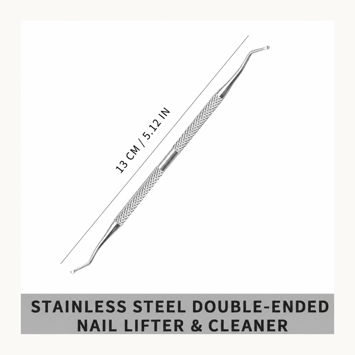 13 cm double-ended stainless steel nail lifter and cleaner with curved ends for detailed nail groove care.