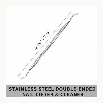 13 cm double-ended stainless steel nail lifter and cleaner with curved ends for detailed nail groove care.