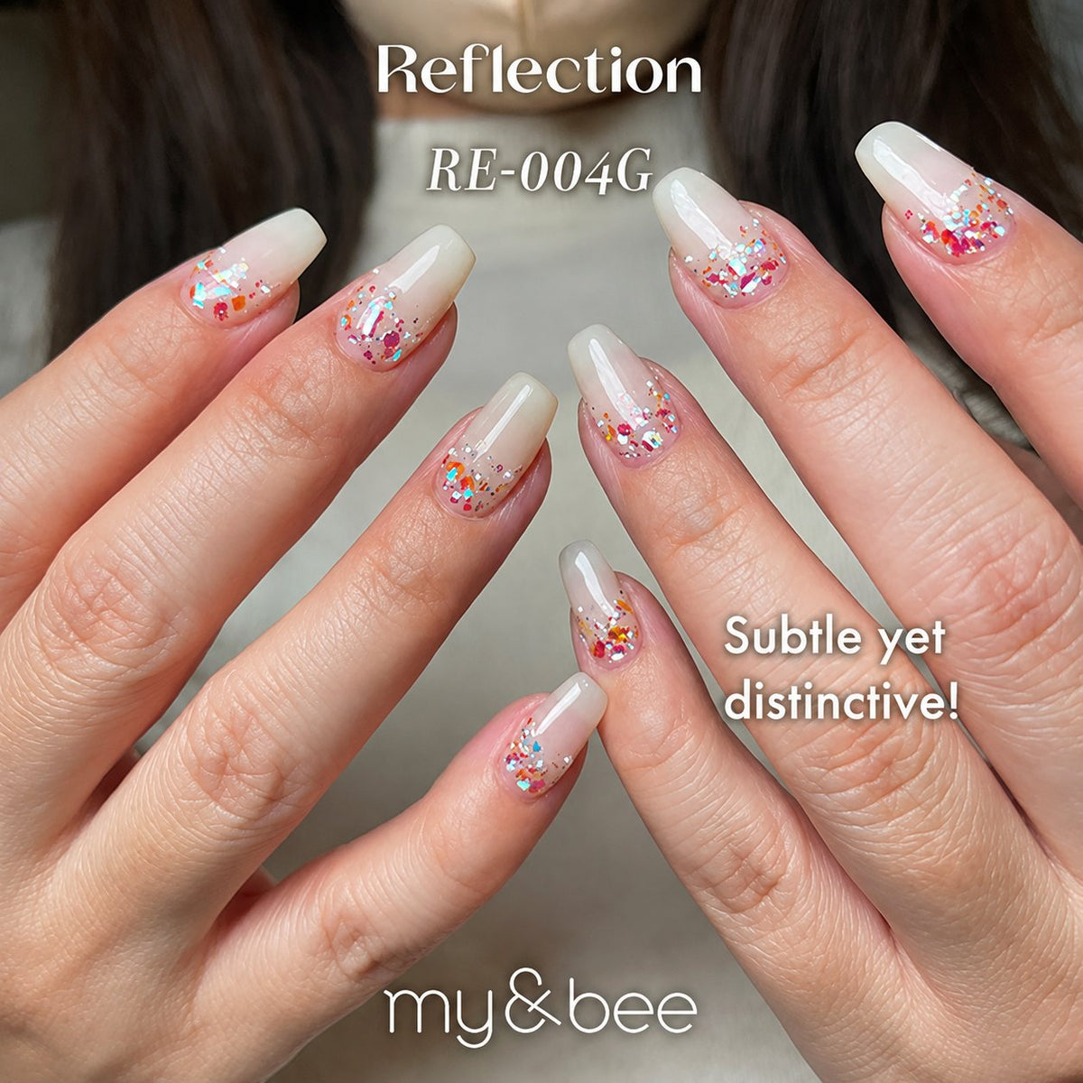 RE-004G milky white glitter manicure with pink reflective accents