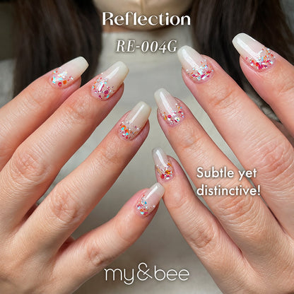 RE-004G milky white glitter manicure with pink reflective accents
