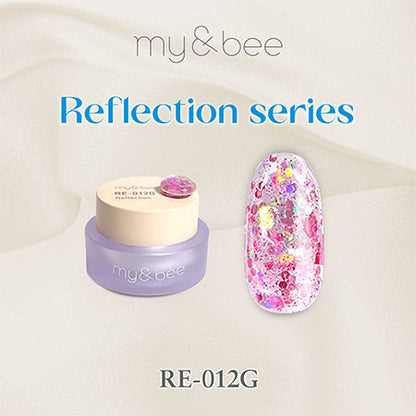 RE-012G pink reflective glitter gel jar with matching nail swatch