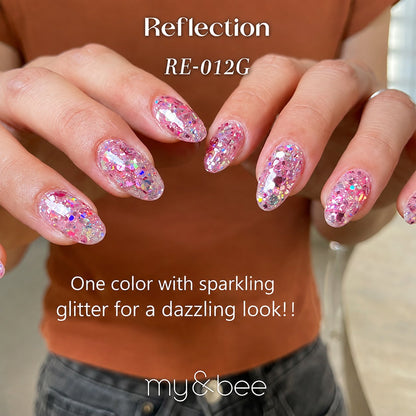 RE-012G pink reflective glitter gel manicure on long almond nails