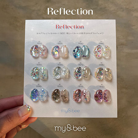 Reflection glitter gel shade chart with twelve paired swatches
