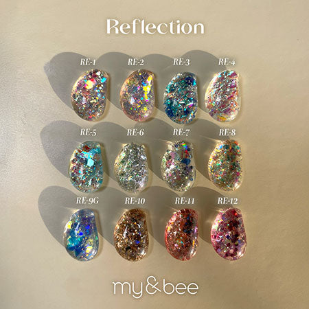 Reflection glitter gel shade chart with twelve labeled swatches