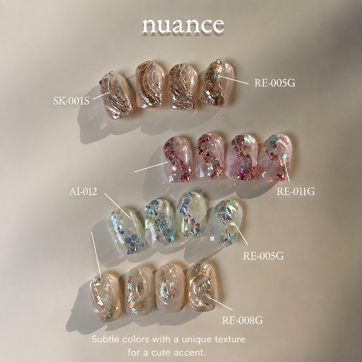 Glitter gel chart comparing nuance nail art combinations