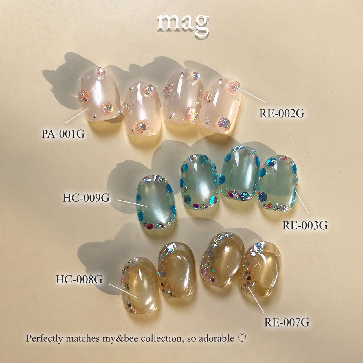 Glitter gel chart comparing magnetic nail art combinations