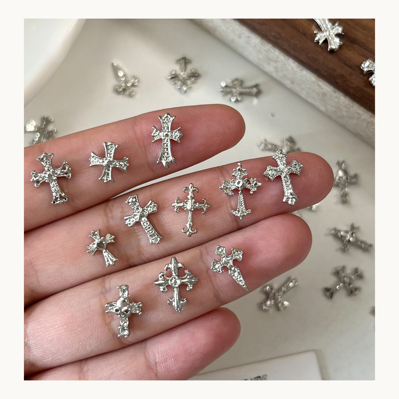 3D silver cross nail art charms with detailed gothic design, luxury metal nail decorations for salon professionals in USA