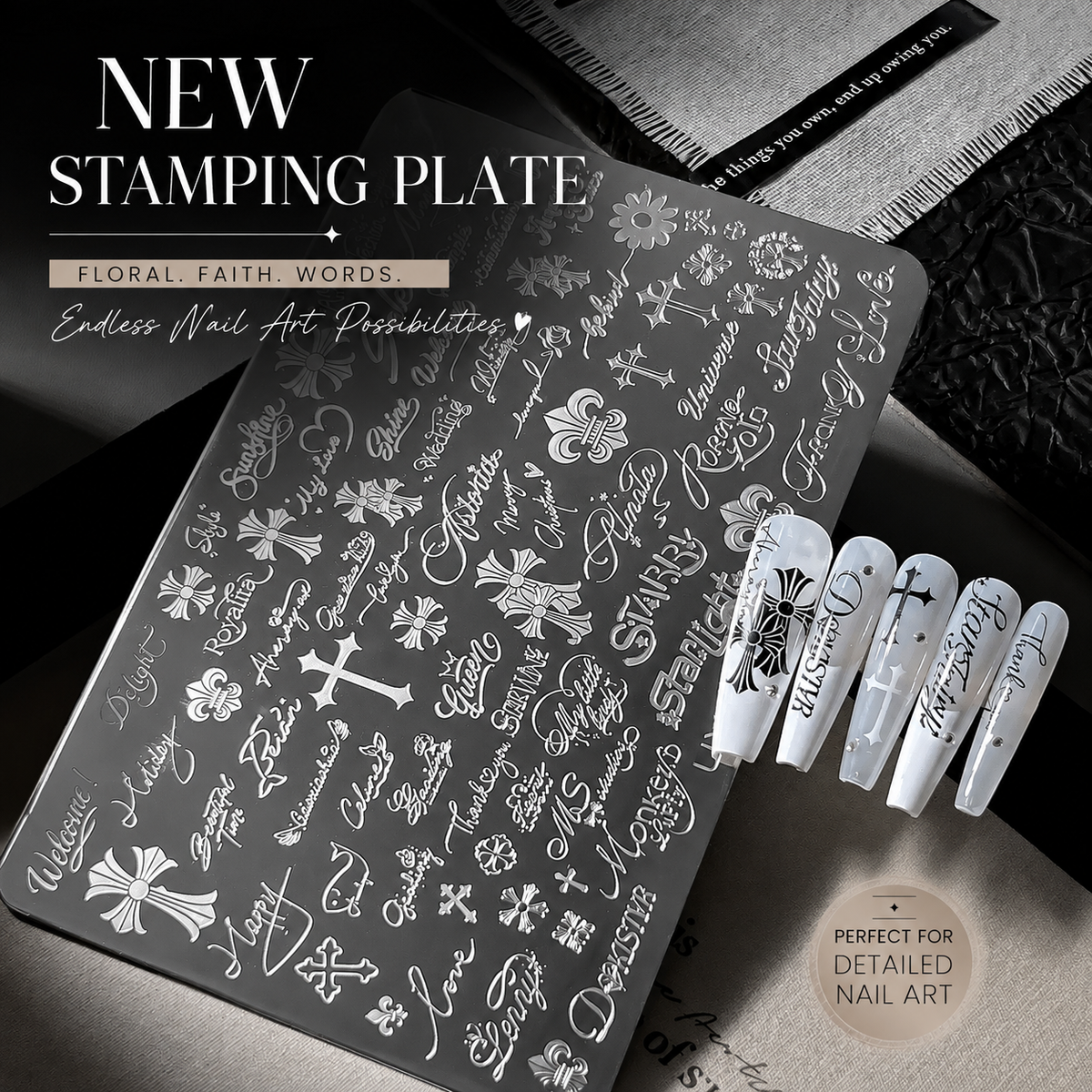 Floral and faith word nail stamping plate with white decorated nail tips
