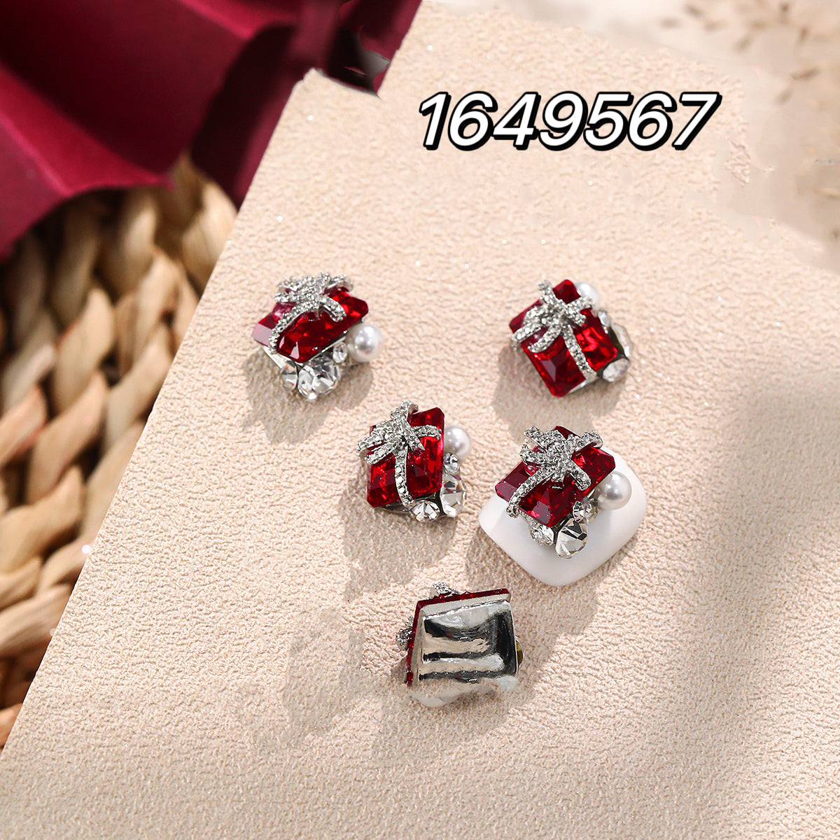 NF Select 1649567 10*11mm Red Wine Right Rectangle Pile Diamond with Rope Bowknot Pearl Each Pack 3pcs