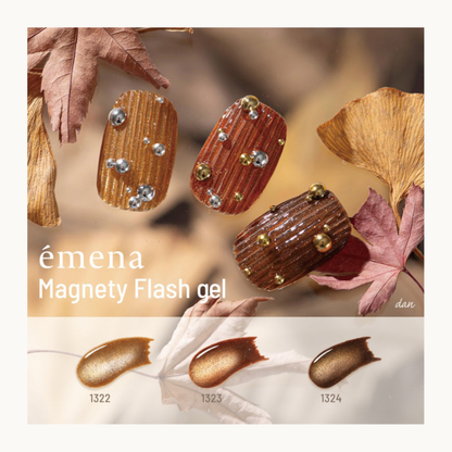 EMENA Magnety Flash Gel fall magnetic cat eye nail design featuring shades 1322 1323 1324 in copper, burnt orange and bronze shimmer, trending autumn nail colors in Canada and USA.