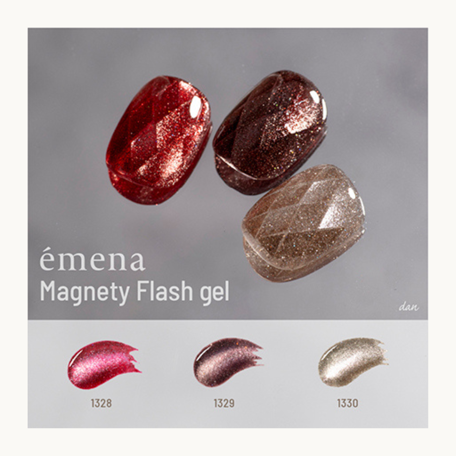 EMENA Magnety Flash Gel magnetic cat eye nail design featuring shades 1328 1329 1330 in Christmas red, burgundy and champagne gold shimmer, trending holiday nail colors in Canada and USA.