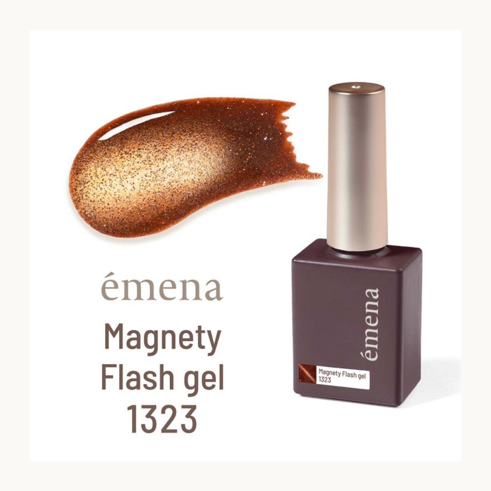 EMENA Magnety Flash Gel 1323 burnt orange copper magnetic glitter cat eye gel polish with autumn shimmer effect for professional nail salons in Canada and United States.