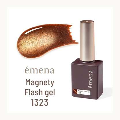 EMENA Magnety Flash Gel 1323 burnt orange copper magnetic glitter cat eye gel polish with autumn shimmer effect for professional nail salons in Canada and United States.