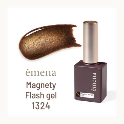 EMENA Magnety Flash Gel 1324 bronze brown magnetic cat eye glitter gel polish with metallic shimmer, UV LED soak off gel for salon use in Canada and USA.