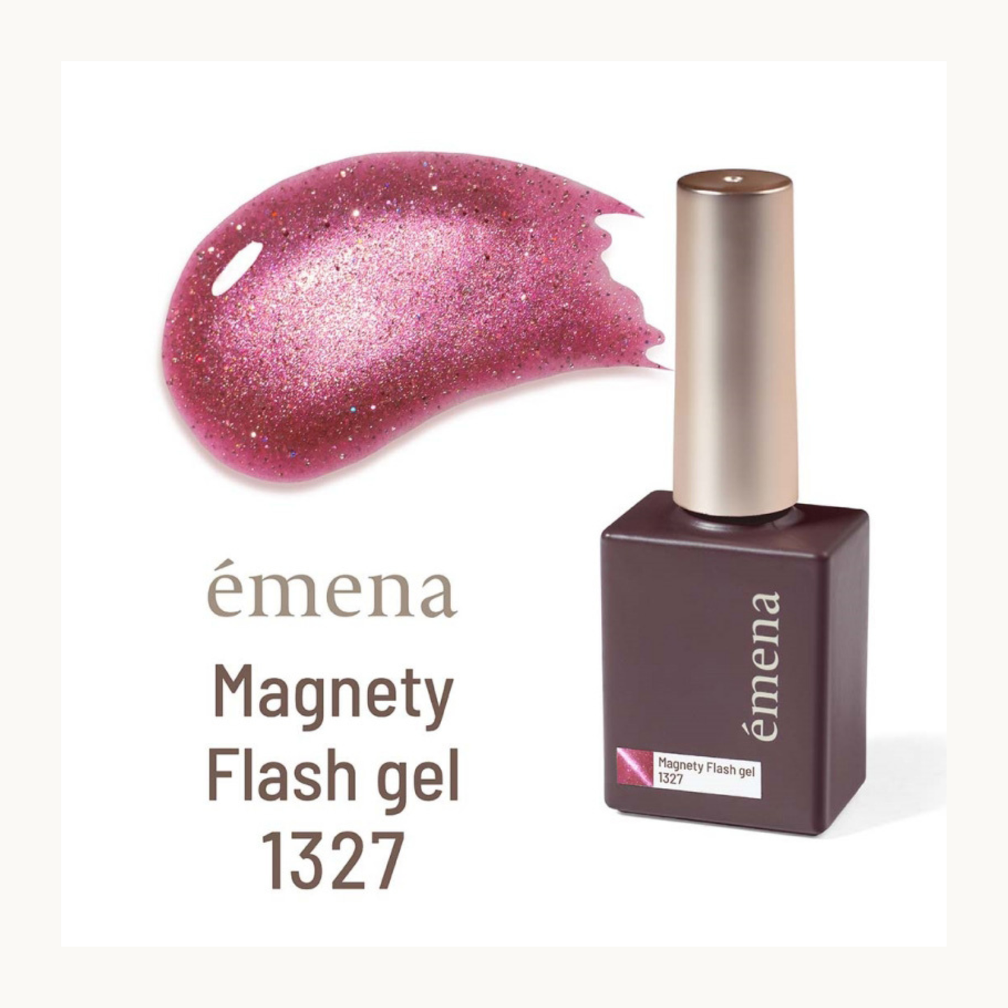 EMENA Magnety Flash Gel 1327 hot pink rose magnetic cat eye gel polish with reflective glitter shimmer, trending nail color in Canada and USA.