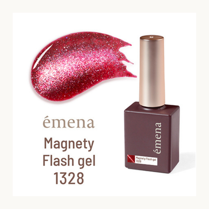 EMENA Magnety Flash Gel 1328 Christmas red magnetic cat eye gel polish with high sparkle glitter finish, professional UV LED soak off nail color for Canada and USA salons.