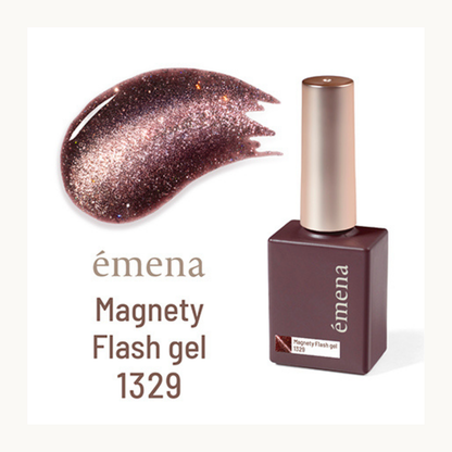 EMENA Magnety Flash Gel 1329 wine red burgundy magnetic cat eye glitter gel polish with metallic shimmer, salon professional UV LED gel popular in Canada and United States.