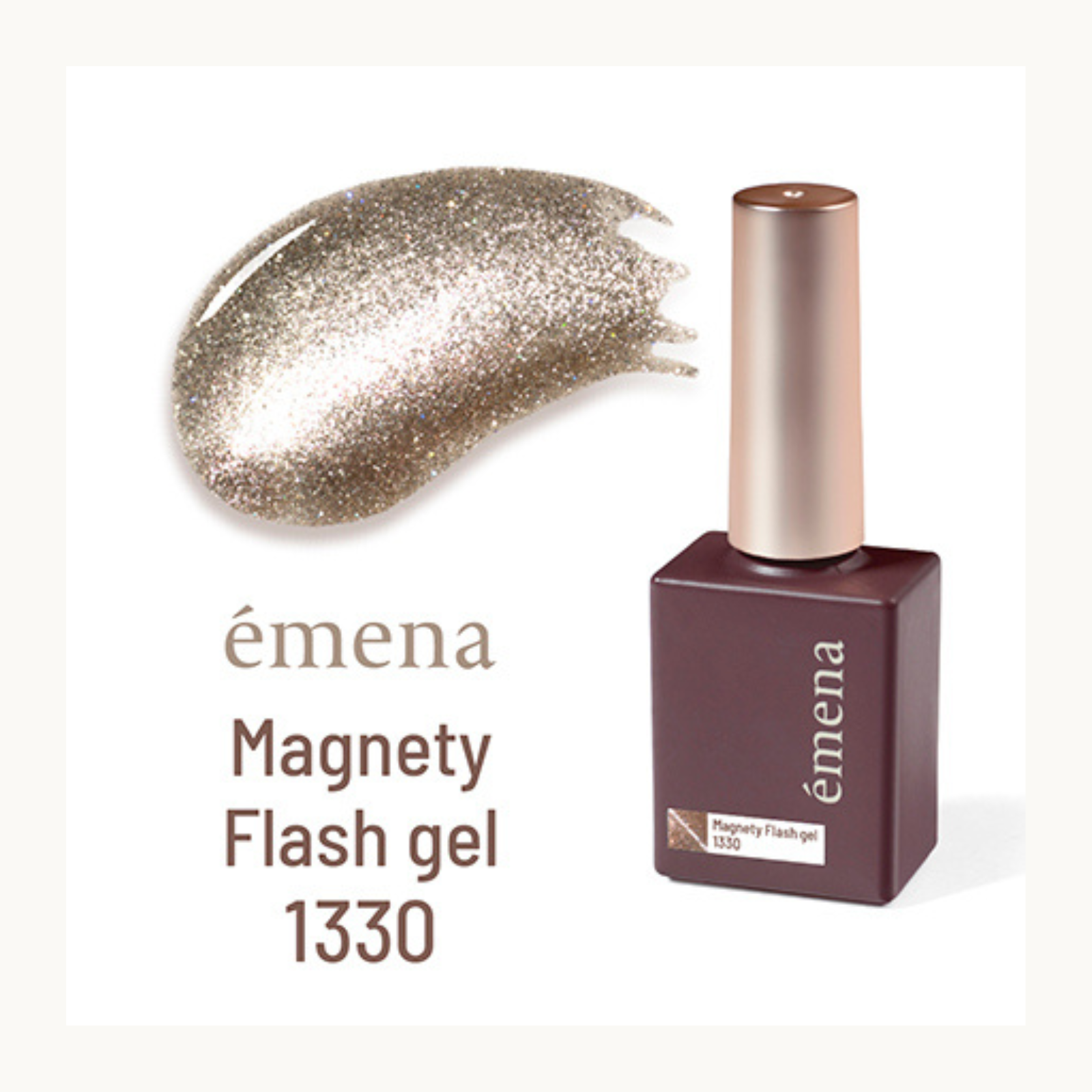 EMENA Magnety Flash Gel 1330 champagne gold magnetic cat eye gel polish with reflective glitter shimmer, professional salon UV LED soak off gel for Canada and USA market.