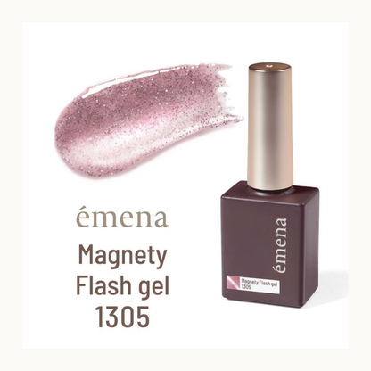 EMENA Magnety Flash Gel 1305 nude pink magnetic cat eye glitter gel polish with subtle sparkle and salon professional finish.