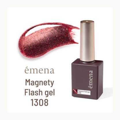 EMENA Magnety Flash Gel 1308 deep red magnetic cat eye glitter gel polish with high shine flash effect for salon quality nail designs.