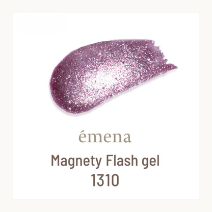 EMENA Magnety Flash Gel 1310 purple berry magnetic cat eye glitter nail gel polish with intense shimmer and reflective sparkle effect.