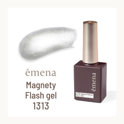 EMENA Magnety Flash Gel 1313 transparent silver magnetic cat eye gel polish with subtle shimmer sparkle for professional nail art.