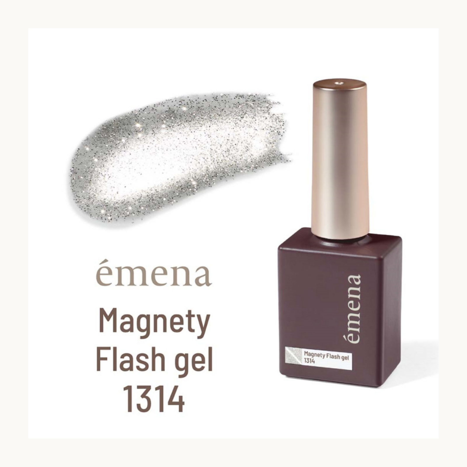 EMENA Magnety Flash Gel 1314 silver magnetic cat eye glitter gel polish with high sparkle shimmer effect for professional nail salon use.