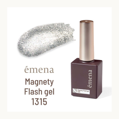 EMENA Magnety Flash Gel 1315 intense silver magnetic glitter gel polish with reflective shimmer finish for salon quality nail designs.