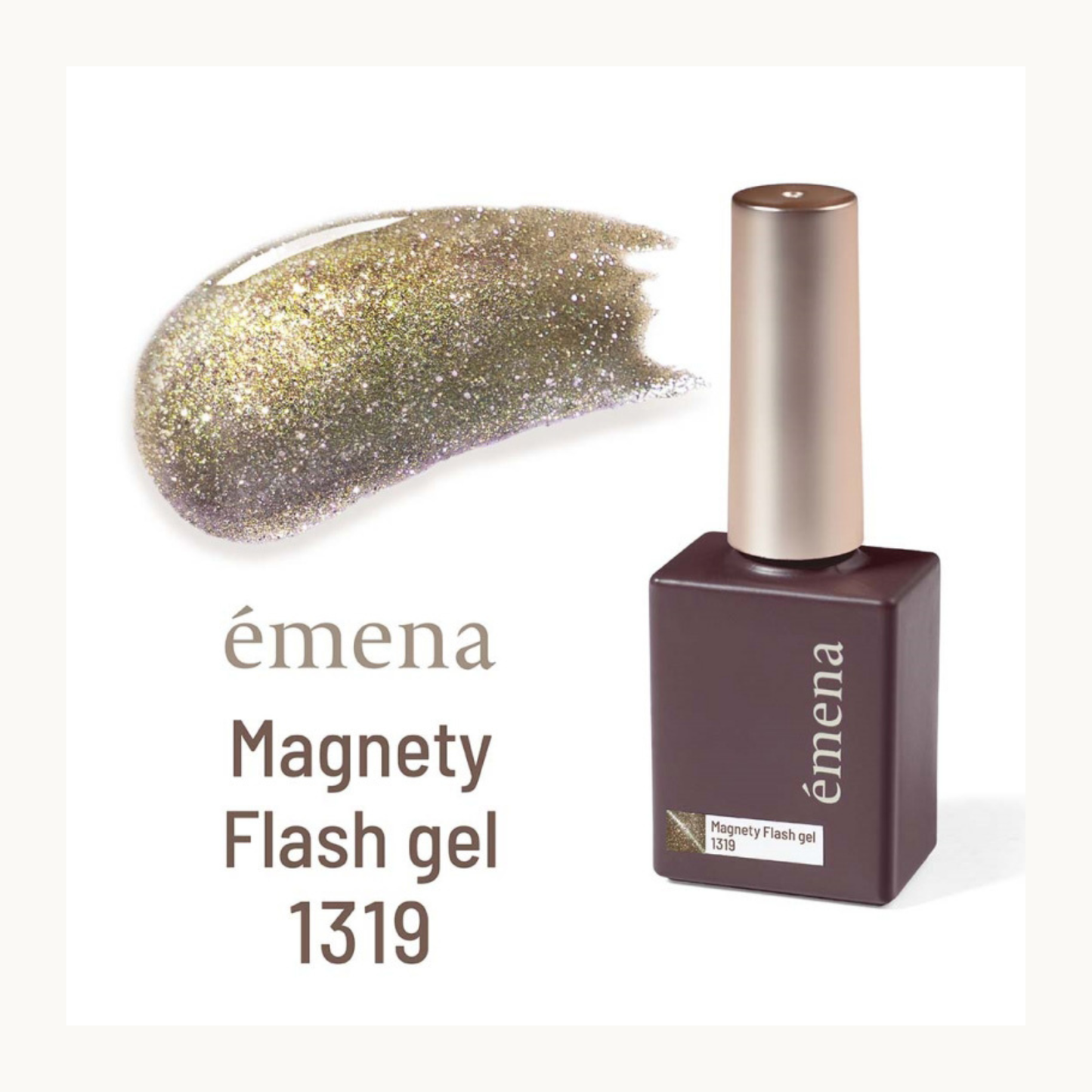 EMENA Magnety Flash Gel 1319 gold magnetic cat eye glitter gel polish with metallic shimmer effect for professional nail design.