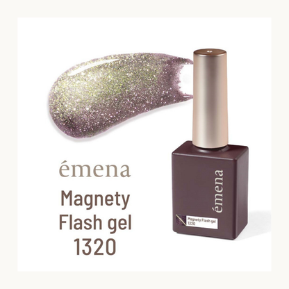 EMENA Magnety Flash Gel 1320 gold purple color shift magnetic glitter gel polish with reflective shimmer finish for salon use.