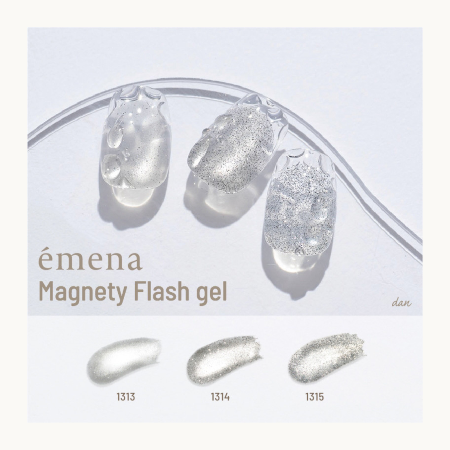 EMENA Magnety Flash Gel clear silver magnetic cat eye glitter nail design featuring shades 1313 1314 1315 with transparent shimmer effect for professional salon nail art.
