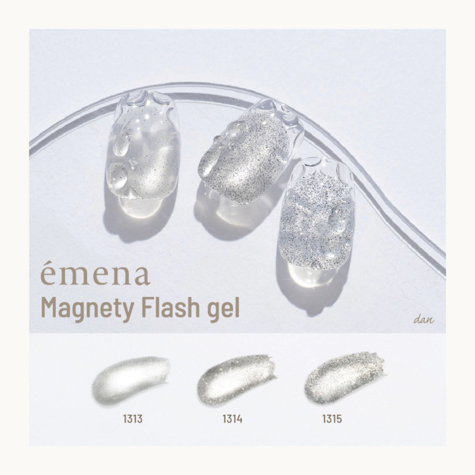 EMENA Magnety Flash Gel clear silver magnetic cat eye glitter nail design featuring shades 1313 1314 1315 with transparent shimmer effect for professional salon nail art.