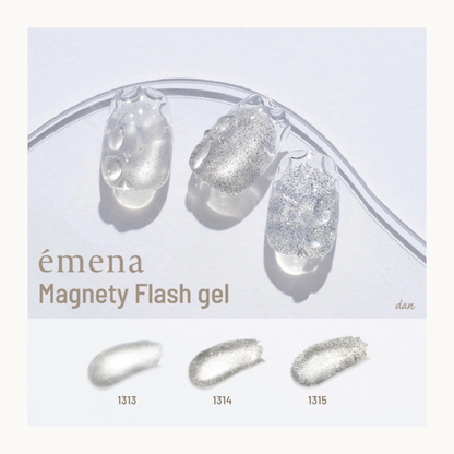 EMENA Magnety Flash Gel clear silver magnetic cat eye glitter nail design featuring shades 1313 1314 1315 with transparent shimmer effect for professional salon nail art.