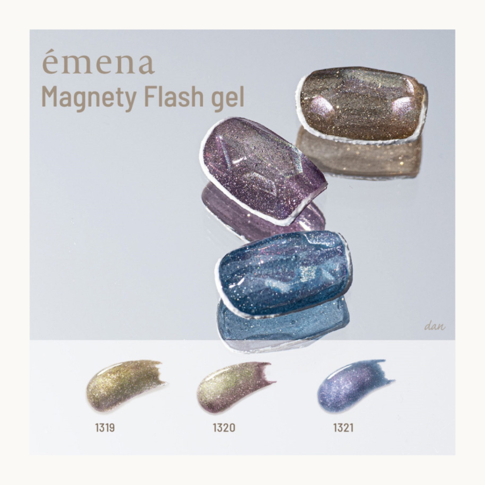EMENA Magnety Flash Gel magnetic cat eye nail design featuring shades 1319 1320 1321 with gold, purple and blue shimmer for professional salon nail art.