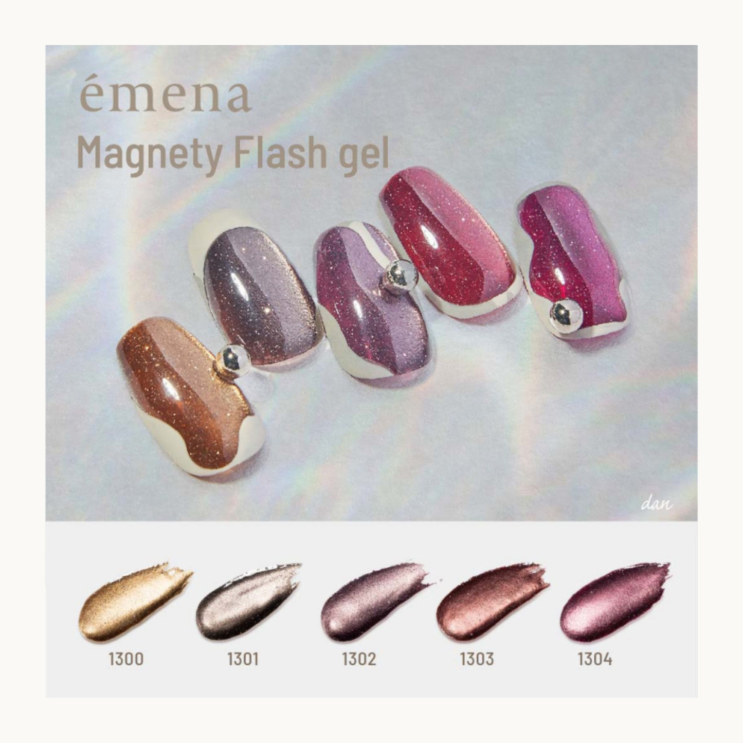 EMENA Magnety Flash Gel magnetic cat eye glitter nail design featuring shades 1300 1301 1302 1303 1304 with high shimmer effect for professional salon nail art.