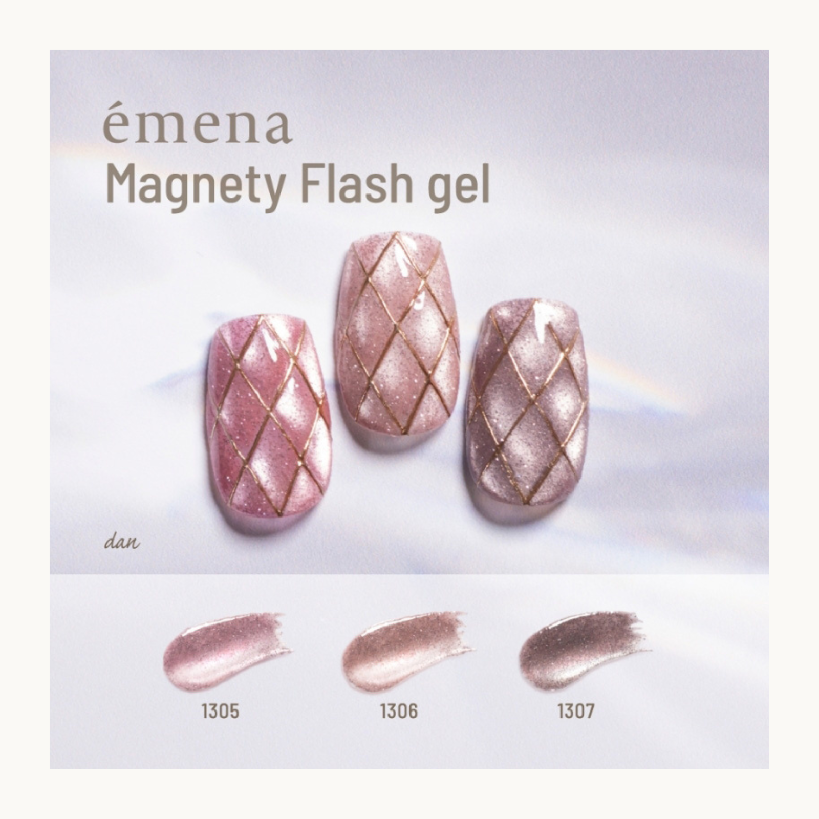 EMENA Magnety Flash Gel magnetic cat eye glitter nail design featuring shades 1305 1306 1307 with soft pink shimmer effect and gold line detail for professional salon nail art.