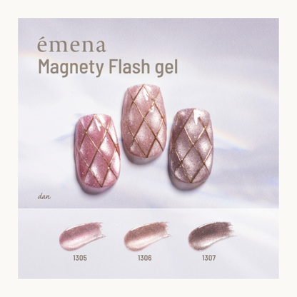 EMENA Magnety Flash Gel magnetic cat eye glitter nail design featuring shades 1305 1306 1307 with soft pink shimmer effect and gold line detail for professional salon nail art.
