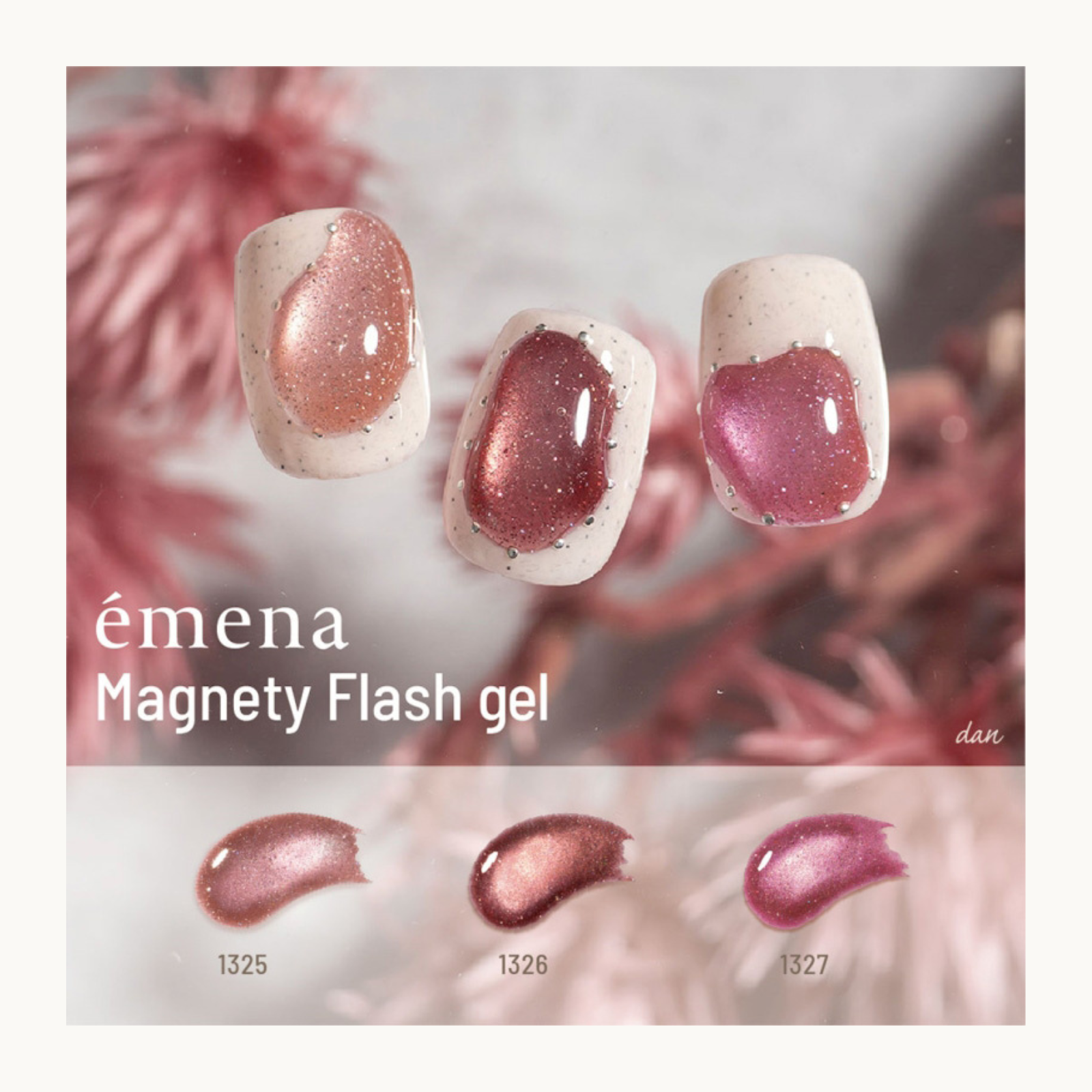 EMENA Magnety Flash Gel magnetic cat eye nail design featuring shades 1325 1326 1327 in rose gold, berry red and hot pink shimmer, popular Valentine and winter nail colors in Canada and USA.