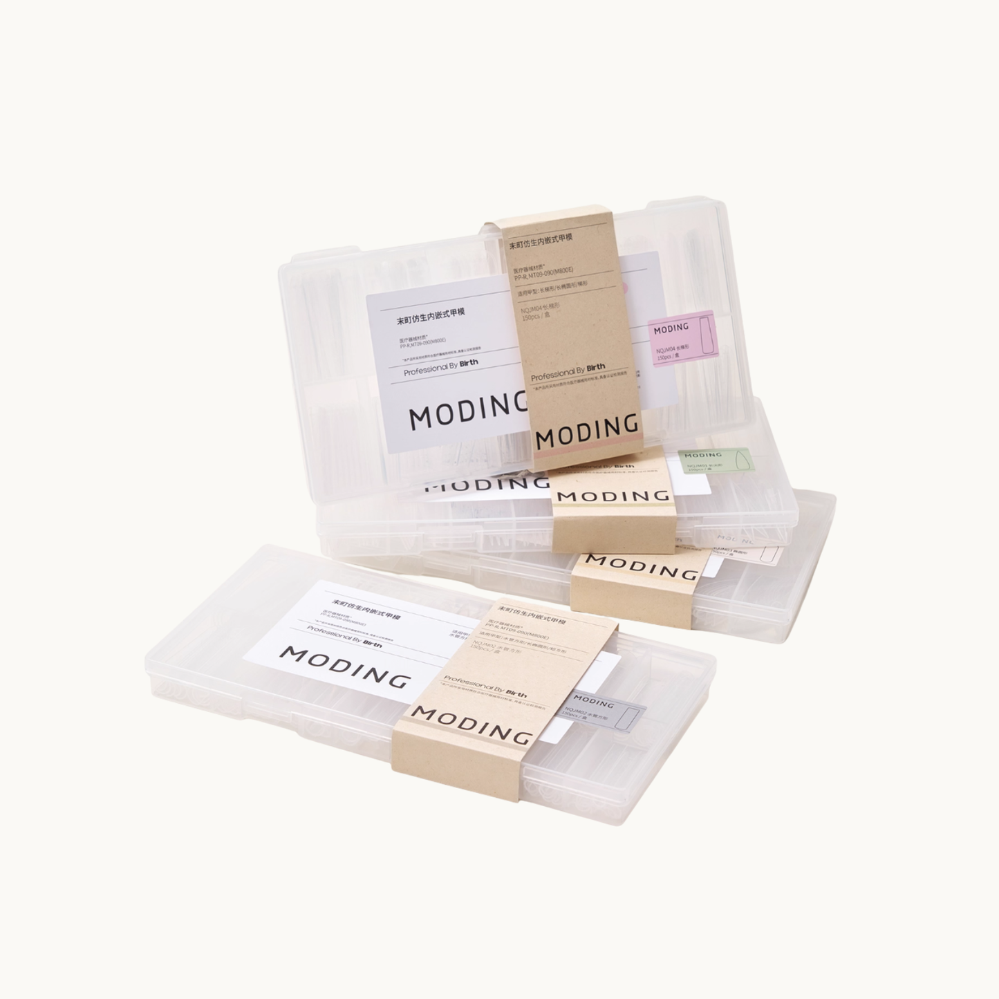 MODING dual-form nail extension molds displayed in multiple size packaging boxes