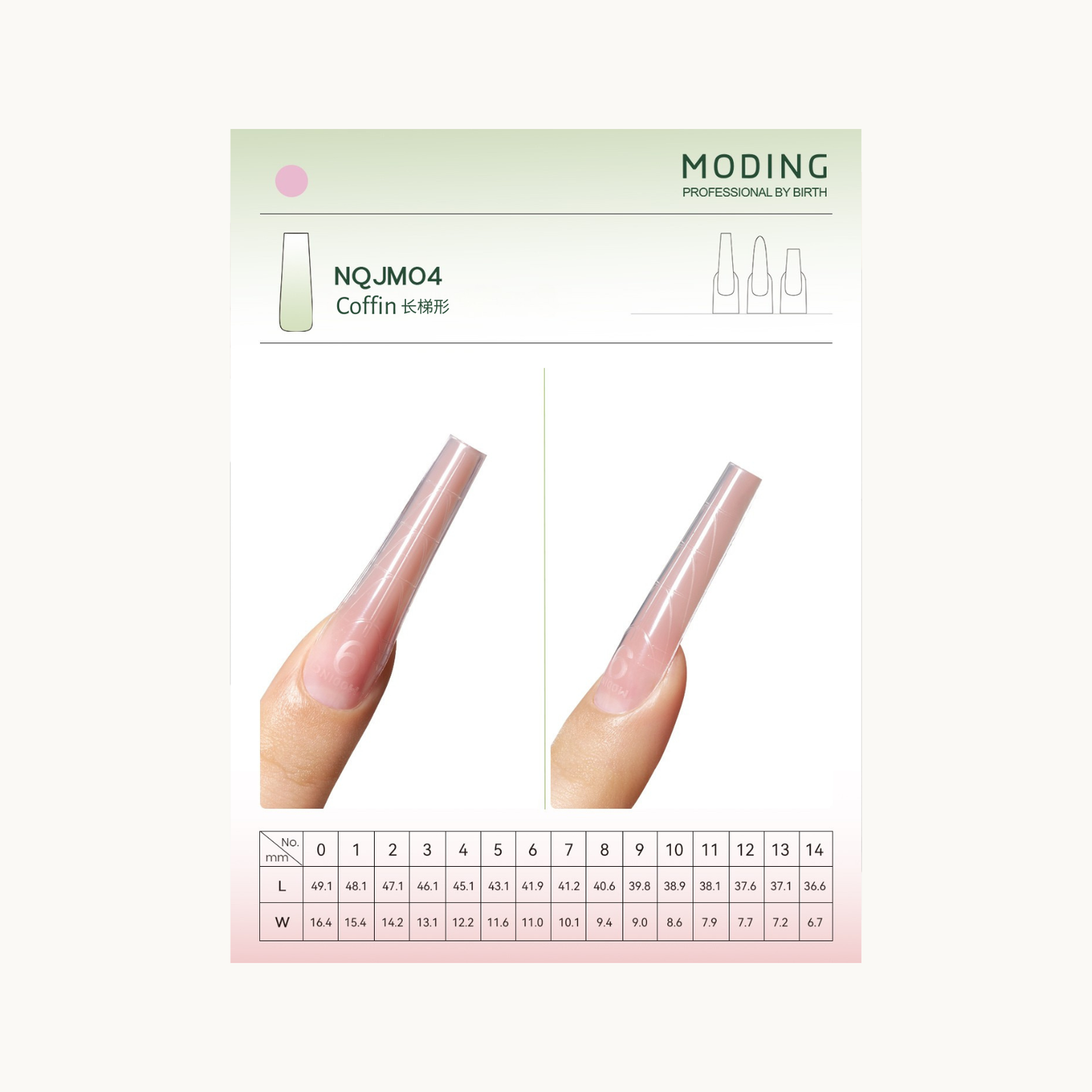 MODING NQJM04 long coffin dual-form nail molds with detailed size chart and nail shape display
