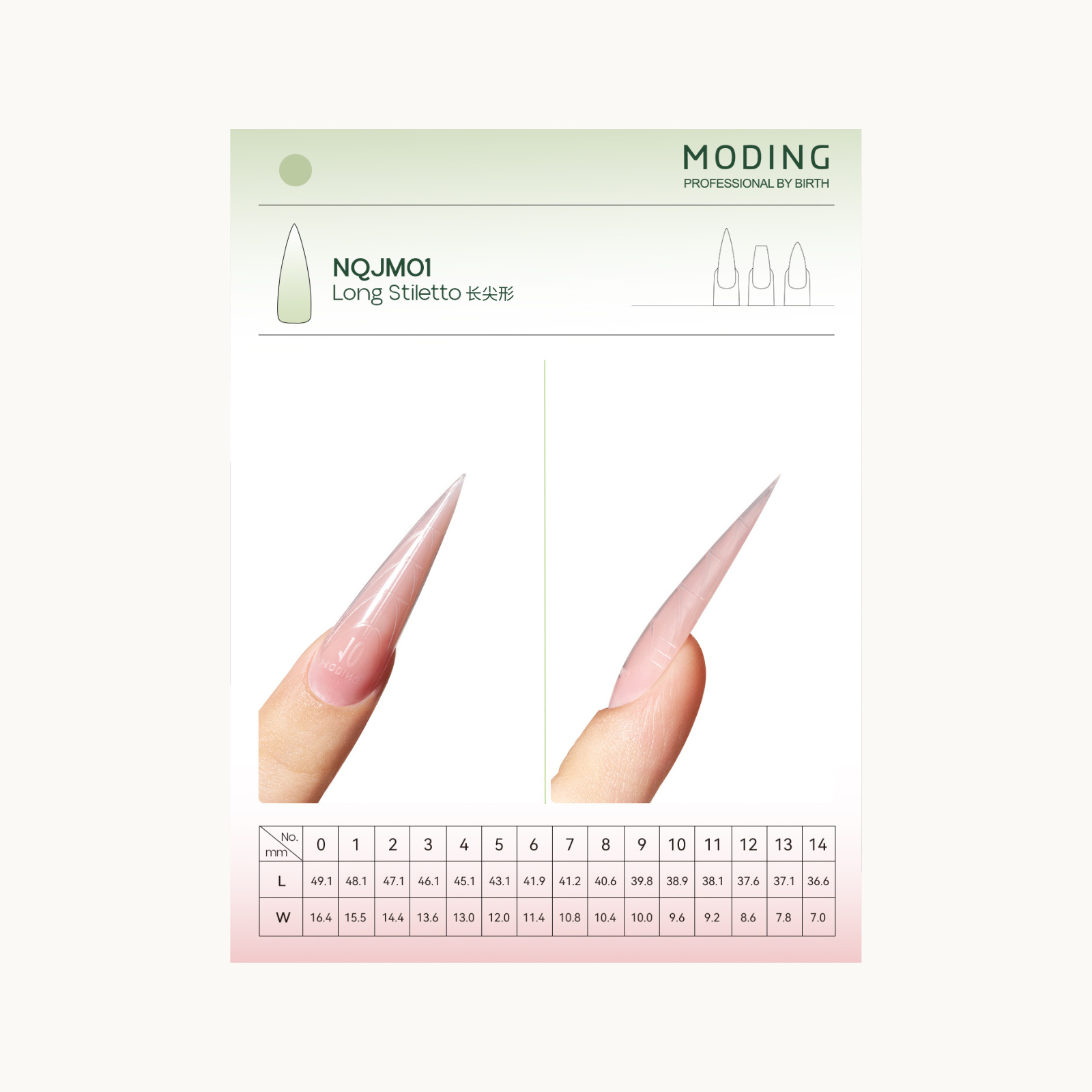 MODING NQJM01 long stiletto dual-form nail molds with detailed size chart and nail shape display
