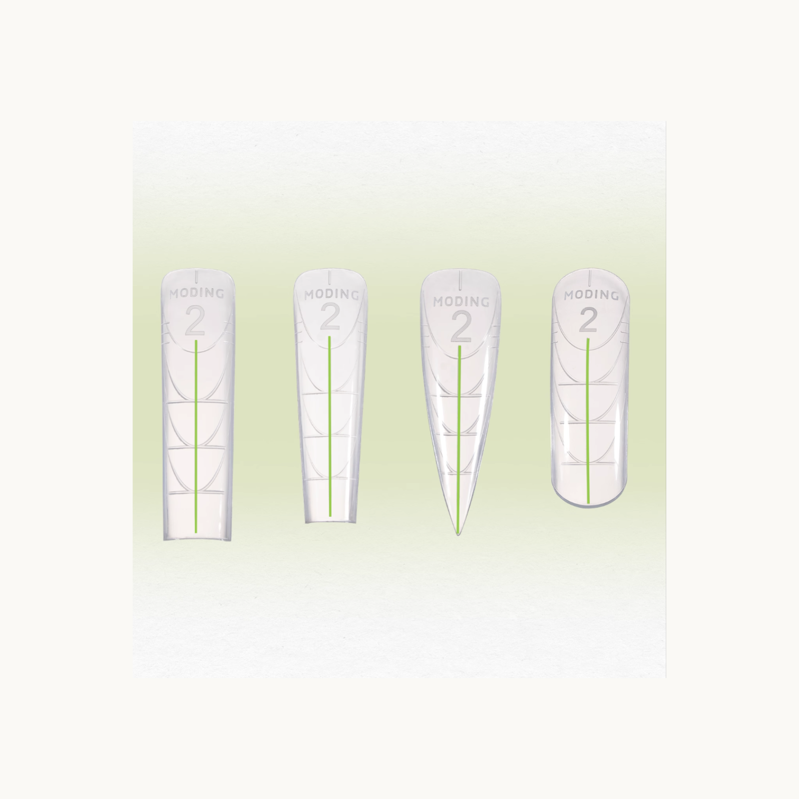 MODING nail dual-form collection showing four shapes: square, tapered, stiletto, and round