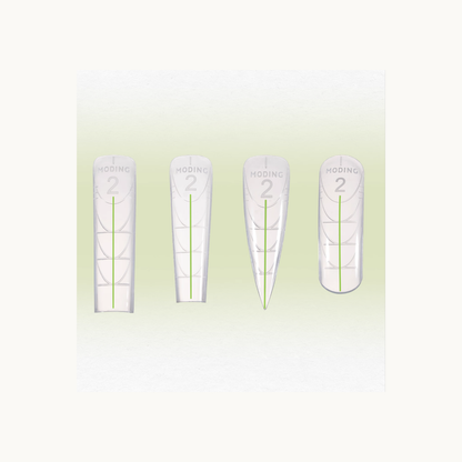 MODING nail dual-form collection showing four shapes: square, tapered, stiletto, and round