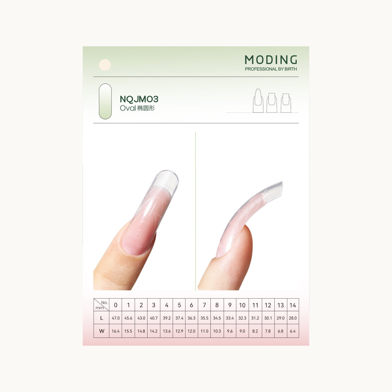 MODING NQJM03 oval dual-form nail molds with detailed size chart and nail shape display