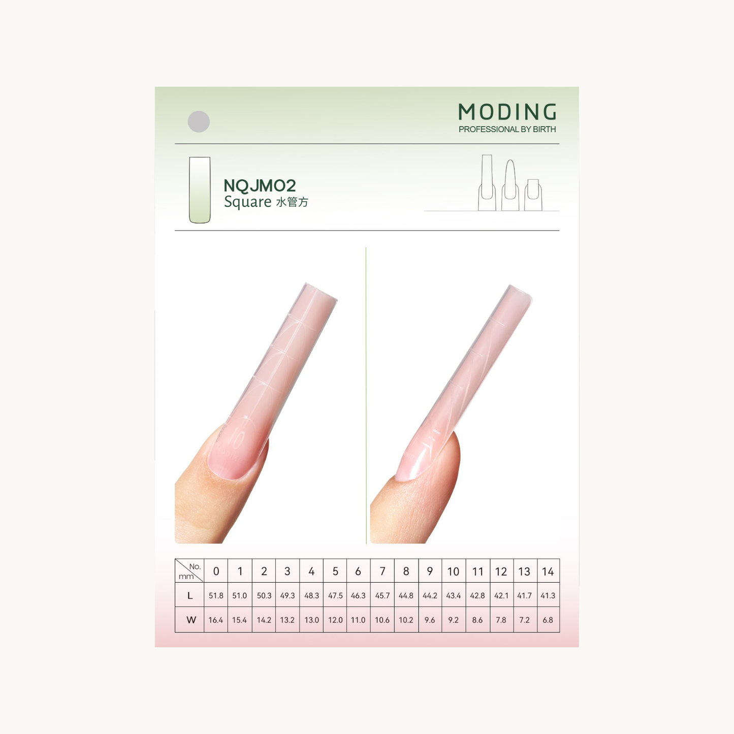 MODING NQJM02 lsquare dual-form nail molds with detailed size chart and nail shape display