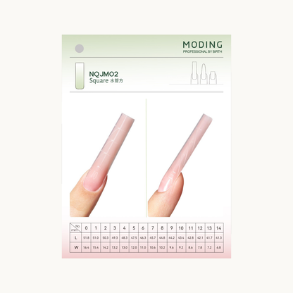 MODING NQJM02 lsquare dual-form nail molds with detailed size chart and nail shape display