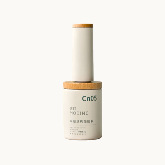 Moding Cn05 Strength Builder Nail Gel 15ml in a white bottle with a wooden cap, professional HEMA-free reinforcing gel for nail structure and durability.