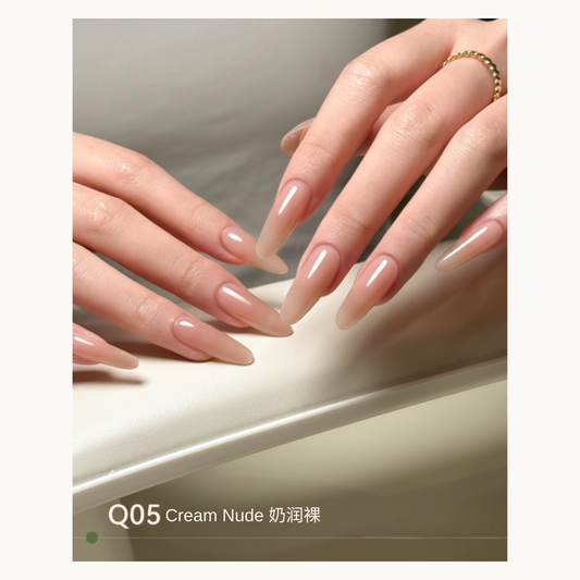 Q05 cream nude extension gel manicure on long almond nails