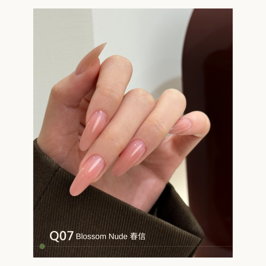 Q07 sheer pink nude extension gel manicure on long almond nails
