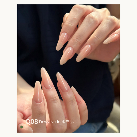 Sheer peachy nude almond nails with a dewy gloss, MODING Q08